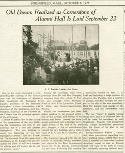 "Old Dream Realized as Cornerstone of Alumni Hall is Laid September 22" (1926)