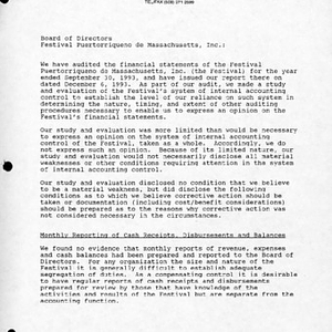 Letter from David Asadoorian to the Puerto Rican Festival of Massachusetts, Inc. Board of Directors about 1993 audit