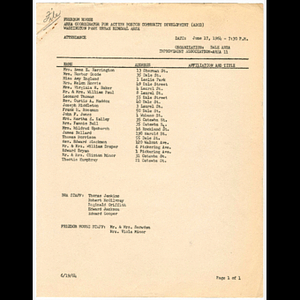 Attendance list for Dale Area Improvement Association meeting held June 17, 1964