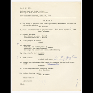Agenda for Host Committee for Roxbury Work and Study Project meeting on April 16, 1964