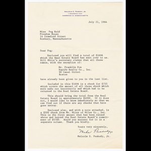 Letter from Malcolm E. Peabody, Jr. to Peg Reid about money from the Boston Real Estate Board
