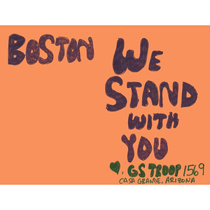 "We Stand With You" card from a Girl Scout in Casa Grande, Arizona.