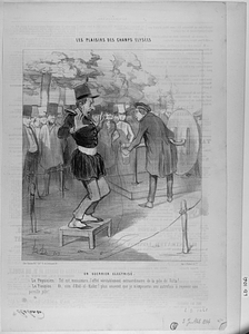 Un GUERRIER ELECTRISÉ. - Le Physicien: Tel est, messieurs, l'effet véritablement extraordinaire de la pile de Volta! - Le Pioupiou: Ah, nom d'Abd-el-Kader! plus souvent que je m'exposerai une autrefois à recevoir une pareille pile!