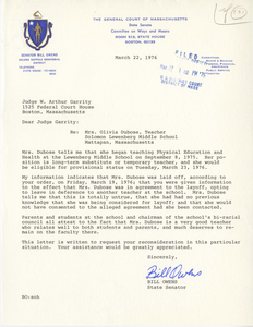 Letter from Bill Owens, Massachusetts State Senator, to Judge W. Arthur Garrity, 1976 March 22