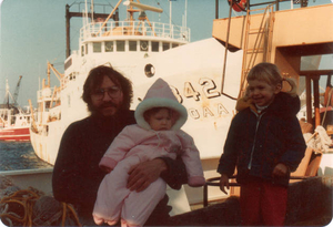 'Albatross' at dock in Woods Hole with Burns family