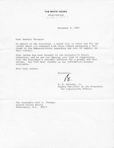 Letter to Senator Tsongas thanking him for cosigning proposal for full study regarding cost of capital in this country