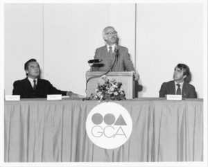 Governor Edward J. King, U.S. Senator Paul E. Tsongas and Mr. Milton Greenberg, Chairman and President of GCA Corporation at dedication ceremony