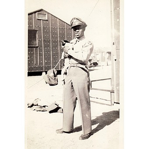 Soldier poses with cat