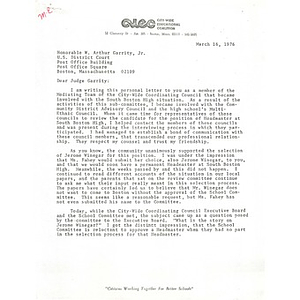 Letter, Judge Garrity, March 16, 1976.