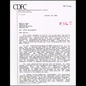 Letter from Nancy Nye of the Massachusetts Community Development Finance Corporation to Melvyn Colón.