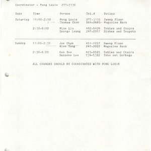 Schedule of Chinese Progressive Association working shifts and English classes