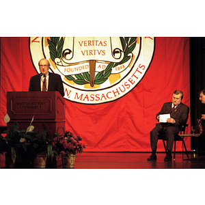 Dean Robert Lowndes introduces Lech Walesa at the inauguration of the International Degree Program