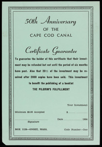 Certificate for investing in "The Pilgrim's Fulfillment"