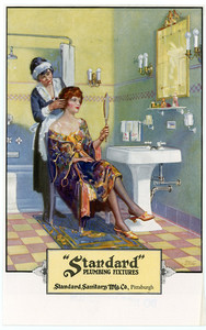 Advertisement for Standard Plumbing Fixtures, Standard Sanitary Manufacturing Company, Pittsburgh, featuring a maid arranging a woman's hair in her bathroom