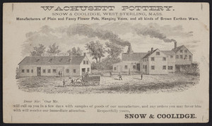 Postcard for the Wachusett Pottery, Snow & Coolidge, West Sterling, Mass., undated