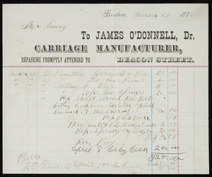 Billhead for James O'Donnell, Dr., carriage manufacturer, Beacon Street, Boston, Mass., dated March 29, 1882