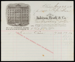 Billhead for Anderson, Heath & Co., Nos. 5 & 6 Winthrop Square & 141, 145, 147 & 149 Devonshire Street, Boston, Mass., dated August 28, 1872