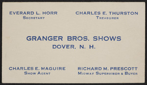 Trade card for Granger Bros. Shows, Dover, New Hampshire, undated