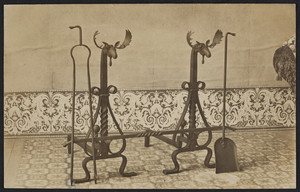 Postcard of moose head andirons, A.J.H. Turner Iron Work, Isle au Haut, Maine, undated