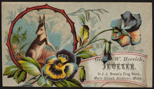 Trade card for George W. Herrick, watches, clocks, jewelry, J.J. Brown's Drug Store, Main Street, Andover, Mass., undated