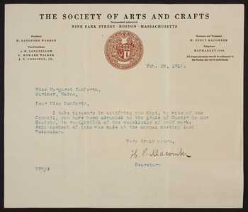Letterhead for The Society of Arts and Crafts, 9 Park Street, Boston, Mass., dated February 28, 1914