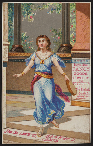 Trade card for Parker Brothers, fancy goods, jewelry, toys, 13 & 15 Winter Street, Boston, Mass., ca. 1880