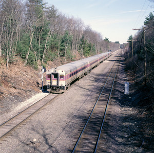 View of commuter train, Codman House, Lincoln, Mass.
