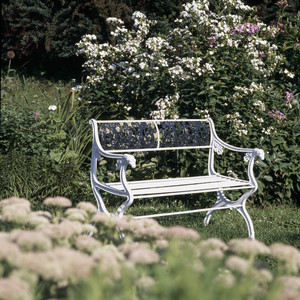 White garden bench, Hamilton House, South Berwick, Maine