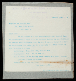 Bernard R. Green to Augustus St. Gaudens to Thomas Lincoln Casey, January 30, 1894, copy