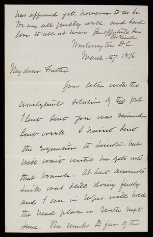 Thomas Lincoln Casey to General Silas Casey, March 27, 1876
