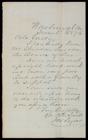 [Joseph] Segar to Thomas Lincoln Casey, June 1, 1874