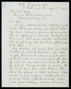 W. E. Cutshaw to Thomas Lincoln Casey, August 9, 1884