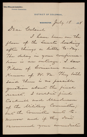 [Charles] W. Raymond to Thomas Lincoln Casey, July 18, 1888