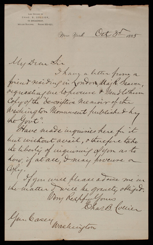 [Charles] B. Collier to Thomas Lincoln Casey, October 3, 1885