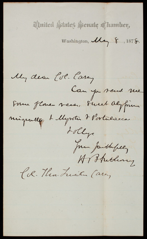 Senator H. B. Anthony to Thomas Lincoln Casey, May 8, 1878