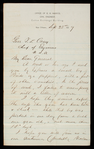 B. M. Harrod to Thomas Lincoln Casey, September 23, 1889