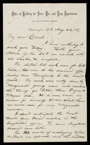 Bernard R. Green to Thomas Lincoln Casey, August 22, 1887