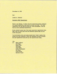 Memorandum from Judith A. Chilcote concerning Executive IBM Typewriters