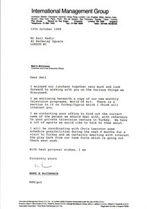 Letter from Mark H. McCormack to Asil Nadir