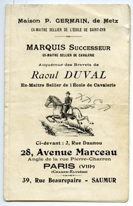 Maison P. Germain, de Metz; ex-maitre sellier de L'École de Saint-Cyr Marquis Successeur; ex-maitre sellier de cavalerie acquÉreur des brevets de Raoul Duval; ex-maitre sellier de L'École de Cavalerie