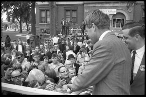 Robert F. Kennedy greeting the crowd in front of the Noble County courthouse during the Turkey Day festivities