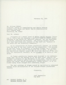 Letter from Judi Chamberlin to Mildred K. Lehman