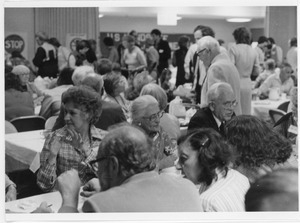 Nuclear Freeze rally at the Edwards Church: view over the attendees seated for a meal