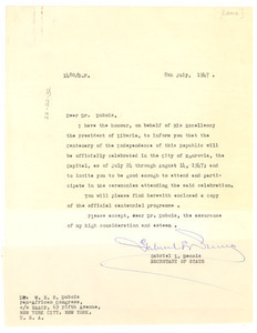 Letter from Republic of Liberia Dept. of State to W. E. B. Du Bois