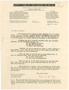 Letter from Open Forum Speakers Bureau to W. E. B. Du Bois