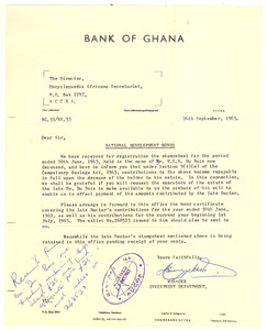 Letter from Bank of Ghana to Director of the Encylopedia Africana