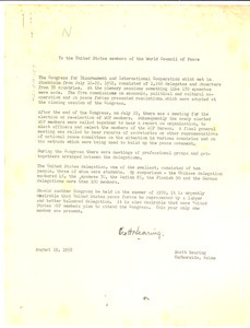 Circular letter from Scott Nearing to the United States members of the World Council of Peace
