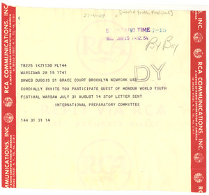Telegram from World Youth Festival to W. E. B. Du Bois