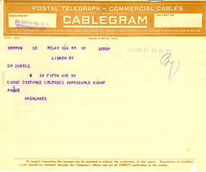 Telegram from José de Magalhaes to W. E. B. Du Bois