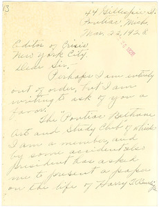 Letter from Blanche H. Wasson to W. E. B. Du Bois